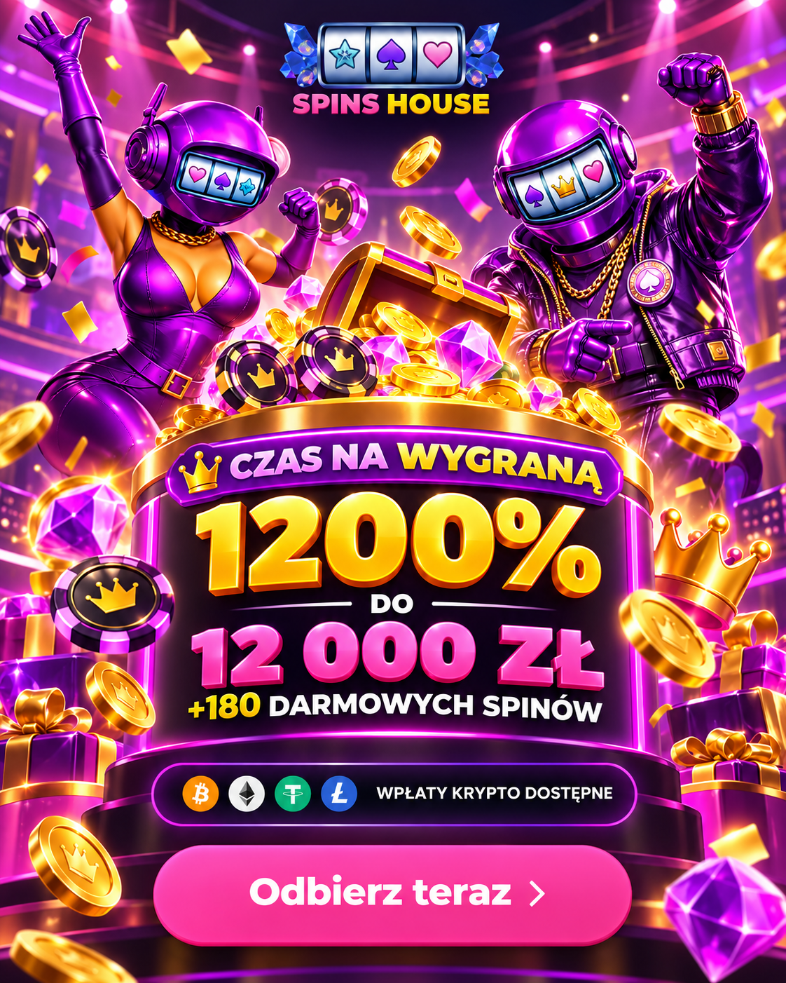 Kreacja promocyjna SPINS HOUSE z bonusem 1200% do 12 000 zł i 180 darmowymi spinami